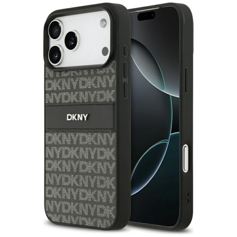 DKNY iPhone 17 Pro Max dėklas su tekstūros raštu ir toninėmis juostelėmis – juodas