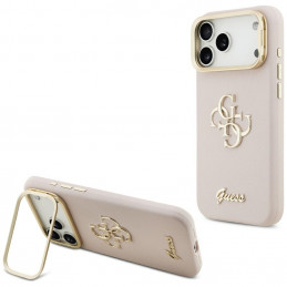 „Guess“ grūdėtas didelis 4G ir stovas kameros dėklas, skirtas „iPhone 17 Pro Max“ – rožinis