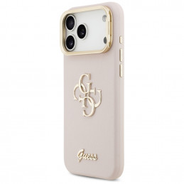 „Guess“ grūdėtas didelis 4G ir stovas kameros dėklas, skirtas „iPhone 17 Pro Max“ – rožinis