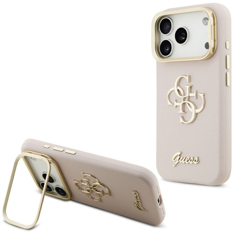„Guess“ grūdėtas didelis 4G fotoaparato dėklas su stovu, skirtas „iPhone 17 Pro“ – rožinis