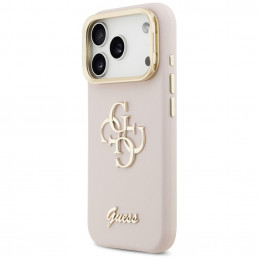 „Guess“ grūdėtas didelis 4G fotoaparato dėklas su stovu, skirtas „iPhone 17 Pro“ – rožinis