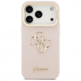 „Guess“ grūdėtas didelis 4G fotoaparato dėklas su stovu, skirtas „iPhone 17 Pro“ – rožinis