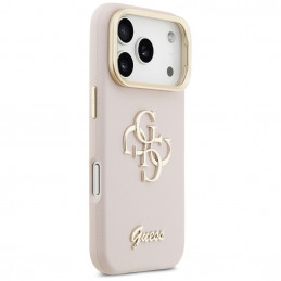 „Guess“ grūdėtas didelis 4G fotoaparato dėklas su stovu, skirtas „iPhone 17 Pro“ – rožinis