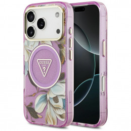 „Guess IML“ blizgučių ir gėlių trikampio formos „MagSafe“ dėklas, skirtas „iPhone 17 Pro Max“ – violetinis