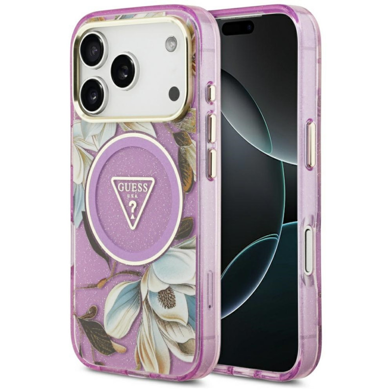 „Guess IML“ blizgučių ir gėlių trikampio formos „MagSafe“ dėklas, skirtas „iPhone 17 Pro Max“ – violetinis