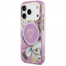 „Guess IML“ blizgučių ir gėlių trikampio formos „MagSafe“ dėklas, skirtas „iPhone 17 Pro Max“ – violetinis