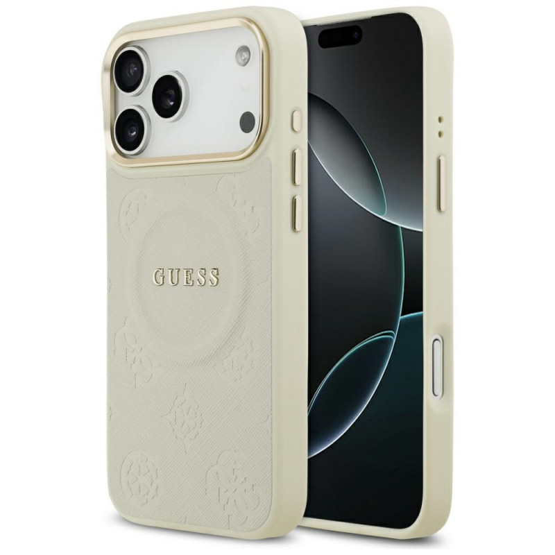 „Guess Peony Hot Stamp MagSafe“ dėklas, skirtas „iPhone 17 Pro Max“ – smėlio spalvos