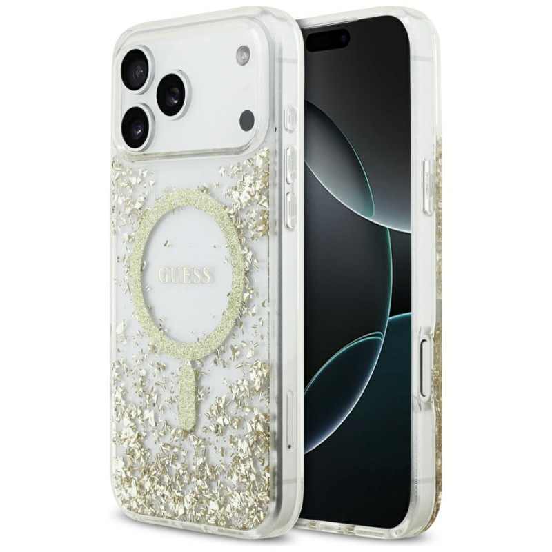 „Guess“ blizgučiais aptrauktas „MagSafe“ dėklas, skirtas „iPhone 17 Pro Max“ – auksinis