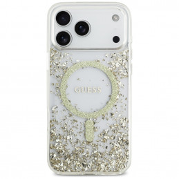 „Guess“ blizgučiais aptrauktas „MagSafe“ dėklas, skirtas „iPhone 17 Pro Max“ – auksinis