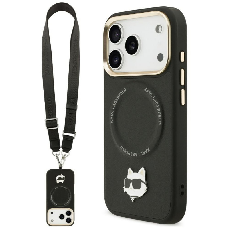 „Karl Lagerfeld Big Strap Choupette Metal Logo MagSafe“ dėklas, skirtas „iPhone 17 Pro Max“ – juodas
