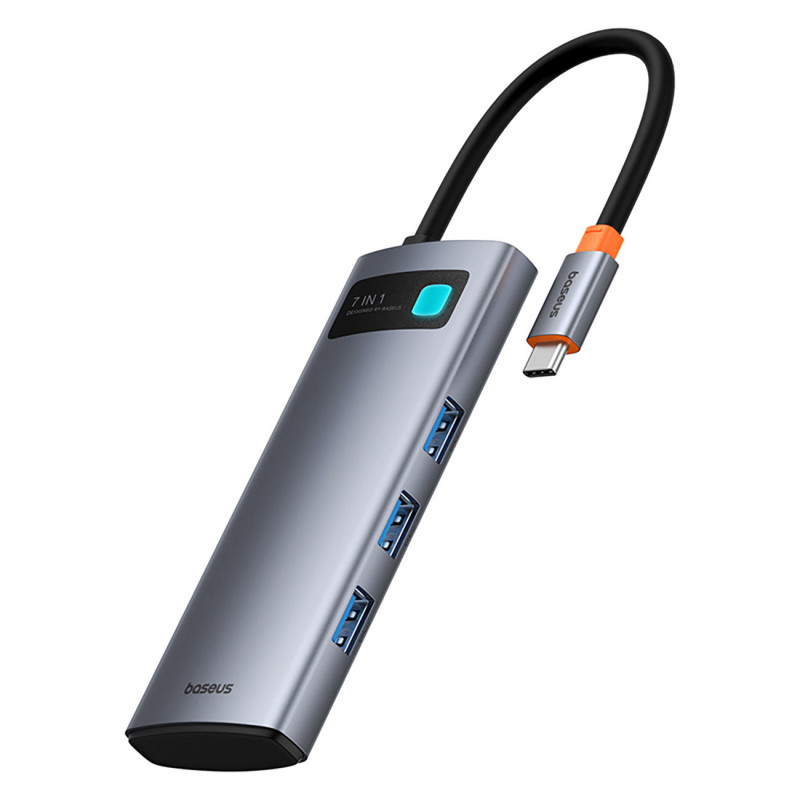 „Baseus Metal Gleam 7in1“ USB-C šakotuvas su HDMI 4K 60Hz / 3x USB 3.0 / USB-C PD / SD / microSD – pilkas