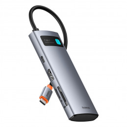 „Baseus Metal Gleam 7in1“ USB-C šakotuvas su HDMI 4K 60Hz / 3x USB 3.0 / USB-C PD / SD / microSD – pilkas