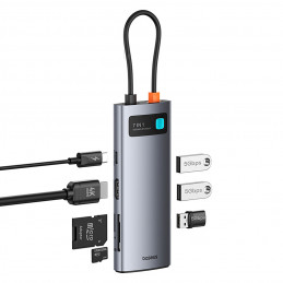 „Baseus Metal Gleam 7in1“ USB-C šakotuvas su HDMI 4K 60Hz / 3x USB 3.0 / USB-C PD / SD / microSD – pilkas
