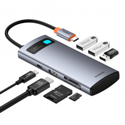 „Baseus Metal Gleam 7in1“ USB-C šakotuvas su HDMI 4K 60Hz / 3x USB 3.0 / USB-C PD / SD / microSD – pilkas
