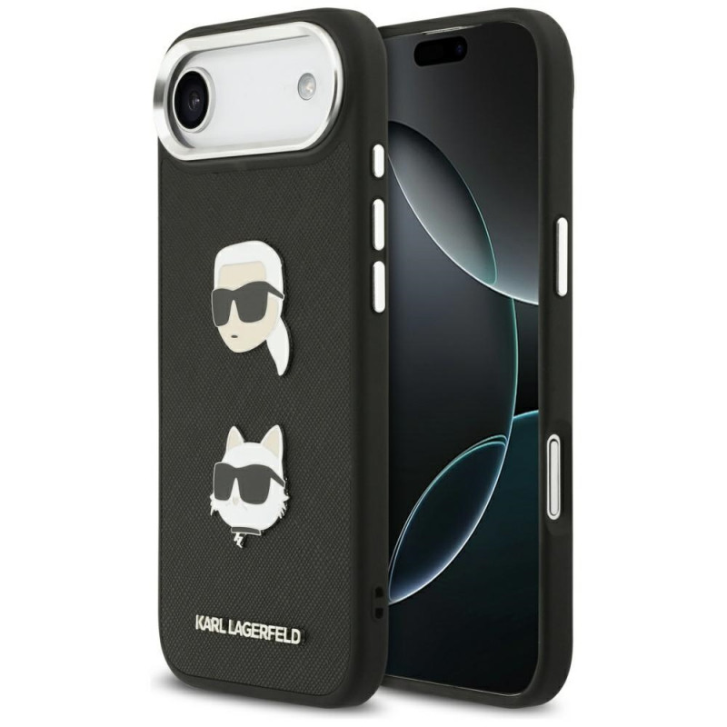 Karl Lagerfeld FW grūdėtas Karl & Choupette galvučių, smeigtukų ir logotipo iPhone oro dėklas – juodas