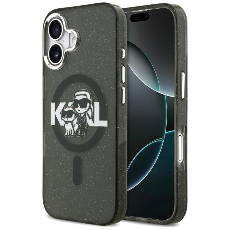 Karl Lagerfeld IML blizgučiais puoštas „Karl & Choupette“ eskizo logotipo „MagSafe iPhone 17“ dėklas – juodas