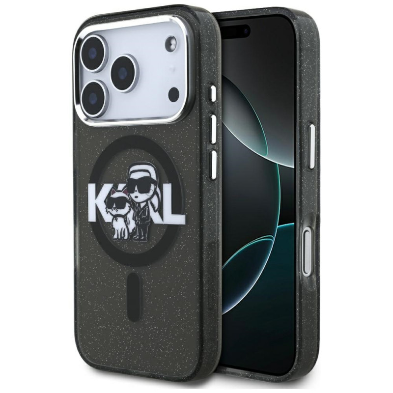 „Karl Lagerfeld IML“ blizgučių ir „Karl & Choupette“ eskizo logotipo „MagSafe“ dėklas, skirtas „iPhone 17 Pro“ – juodas