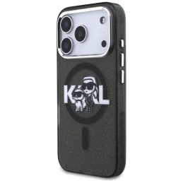„Karl Lagerfeld IML“ blizgučių ir „Karl & Choupette“ eskizo logotipo „MagSafe“ dėklas, skirtas „iPhone 17 Pro“ – juodas
