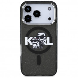 „Karl Lagerfeld IML“ blizgučių ir „Karl & Choupette“ eskizo logotipo „MagSafe“ dėklas, skirtas „iPhone 17 Pro“ – juodas