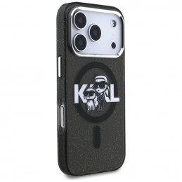 „Karl Lagerfeld IML“ blizgučių ir „Karl & Choupette“ eskizo logotipo „MagSafe“ dėklas, skirtas „iPhone 17 Pro“ – juodas