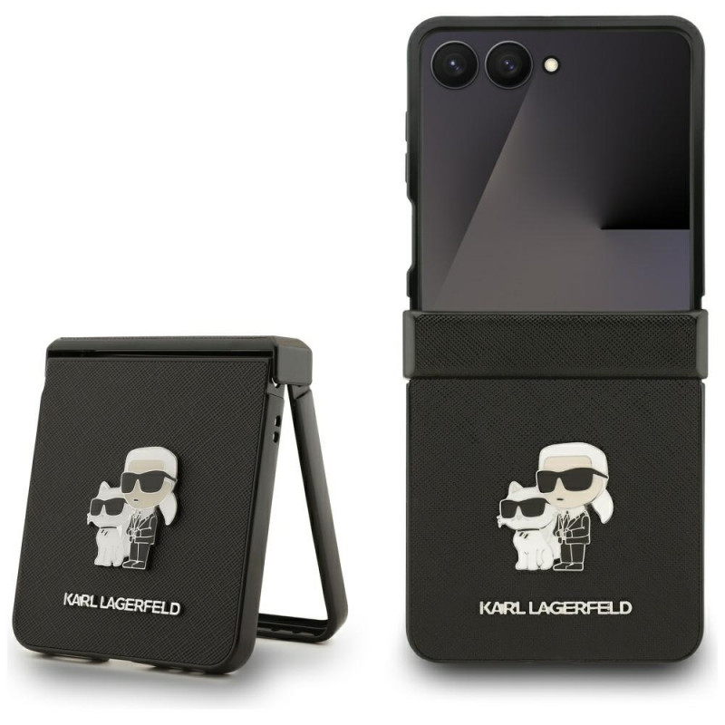 Karl Lagerfeld Saffiano Karl&Choupette Pin dėklas, skirtas Samsung Galaxy Z Flip 7 - juodas