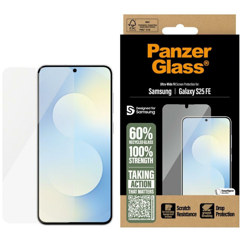„PanzerGlass“ itin plataus diagonalo grūdintas stiklas, skirtas „Samsung Galaxy S25 FE“ – skaidrus