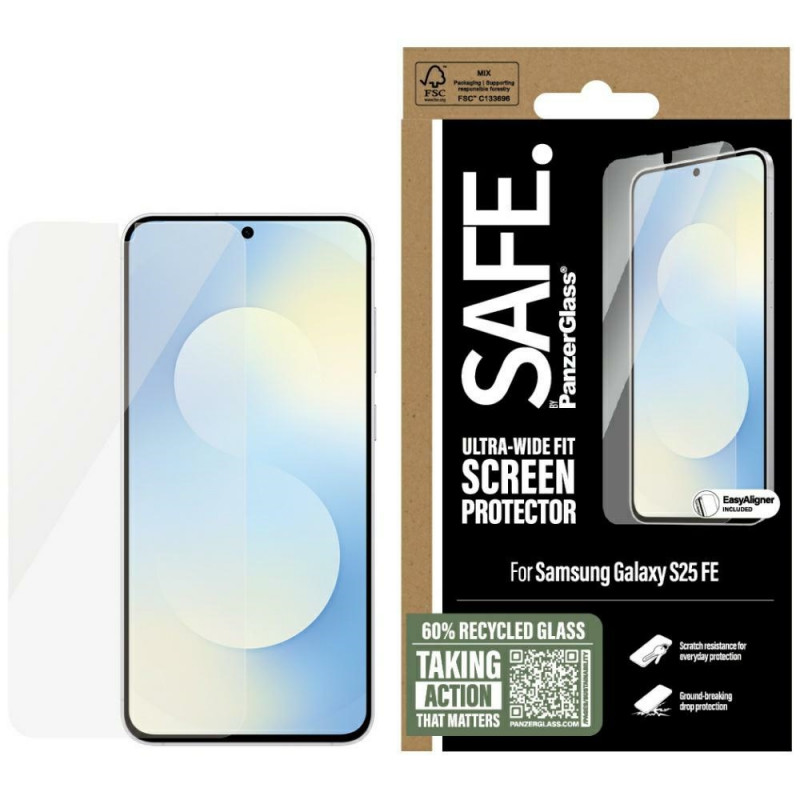 „SAFE by PanzerGlass“ itin plataus diagonalo grūdintas stiklas, skirtas „Samsung Galaxy S25 FE“ – skaidrus