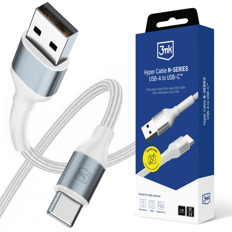 3mk Hyper Cable N-SERIES USB-A / USB-C 1m 9V/ 2A 18W / baltas