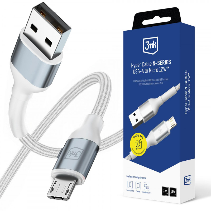 3mk Hyper Cable N-SERIES USB-A / MicroUSB 1m 5V/ 2.4A 12W / baltas