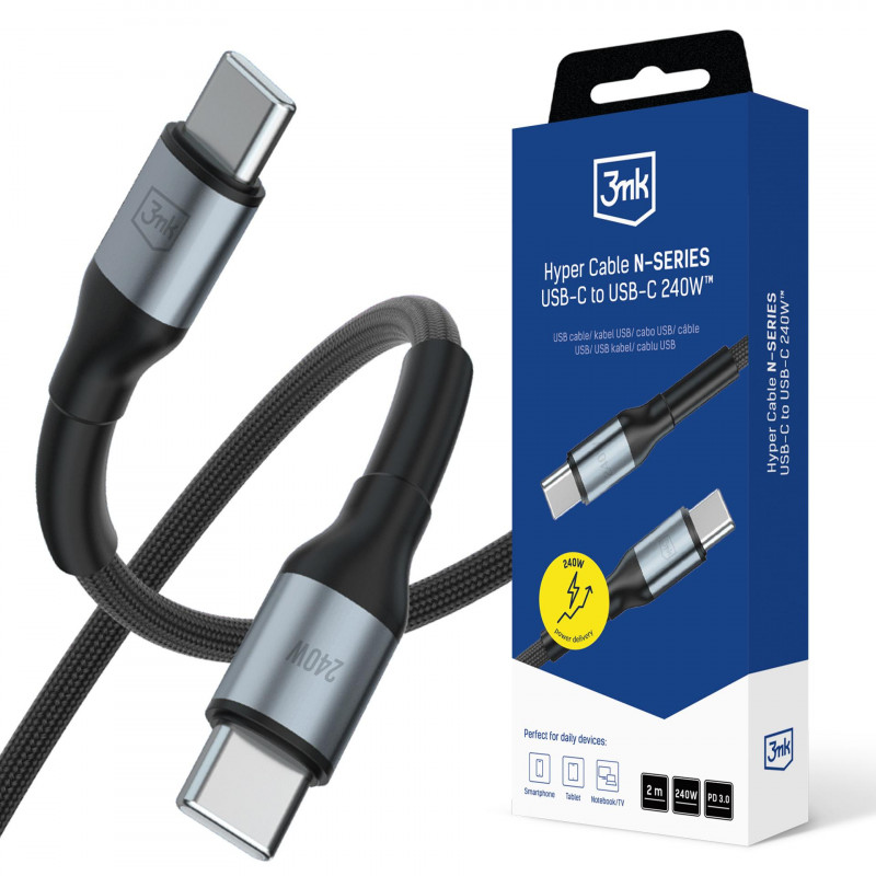 3mk Hyper Cable N-SERIES USB-C / USB-C 2m 48V/ 5A 240W / juodas