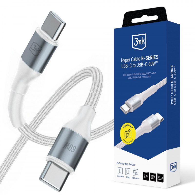 3mk Hyper Cable 3mk Hyper Cable N-SERIES USB-C / USB-C 1m 20V/ 3A 60W / baltas