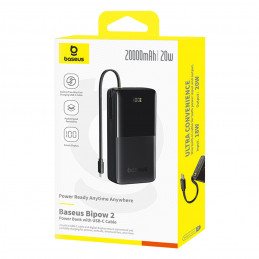 „Baseus Bipow 2“ 20000 mAh 20 W išorinė baterija su skaitmeniniu ekranu ir integruotu USB-C laidu - juoda