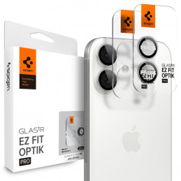 „Spigen Optik Pro GLAS.TR EZ FIT“ kameros dėklai, 2 vnt. pakuotė, skirti „iPhone 16 / 16 Plus / 17“ – sidabriniai