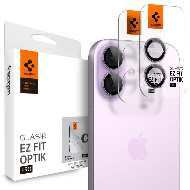 „Spigen Optik Pro GLAS.TR EZ FIT“ kameros dėklai, 2 vnt. pakuotė, skirti „iPhone 16 / 16 Plus / 17“ – violetiniai