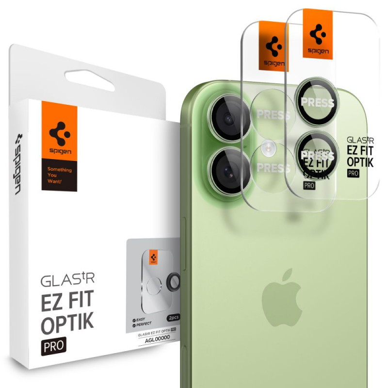 „Spigen Optik Pro GLAS.TR EZ FIT“ kameros dėklai, 2 vnt. pakuotė, skirti „iPhone 16 / 16 Plus / 17“ – žali