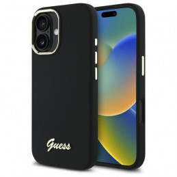 „Guess“ silikoninis metalinis logotipo ir rėmelio dėklas, skirtas „iPhone 16 Plus“ – juodas