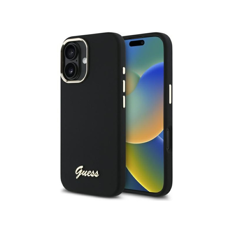 „Guess“ silikoninis metalinis logotipo ir rėmelio dėklas, skirtas „iPhone 16 Plus“ – juodas