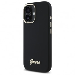 „Guess“ silikoninis metalinis logotipo ir rėmelio dėklas, skirtas „iPhone 16 Plus“ – juodas