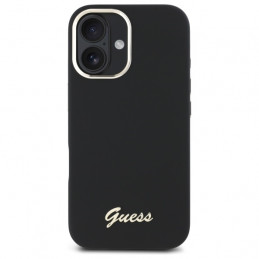„Guess“ silikoninis metalinis logotipo ir rėmelio dėklas, skirtas „iPhone 16 Plus“ – juodas