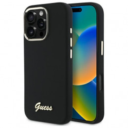„Guess“ silikoninis metalinis logotipo ir rėmelio dėklas, skirtas „iPhone 16 Pro Max“ – juodas
