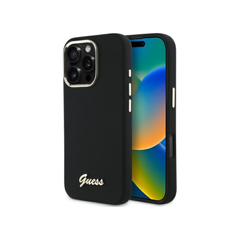 „Guess“ silikoninis metalinis logotipo ir rėmelio dėklas, skirtas „iPhone 16 Pro Max“ – juodas