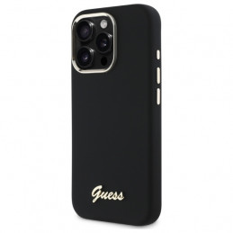 „Guess“ silikoninis metalinis logotipo ir rėmelio dėklas, skirtas „iPhone 16 Pro Max“ – juodas
