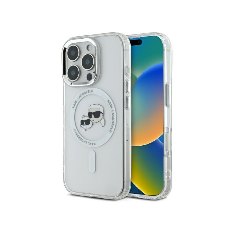 „Karl Lagerfeld IML Metal Karl&Choupette Head MagSafe“ dėklas, skirtas „iPhone 16 Pro“ – baltas