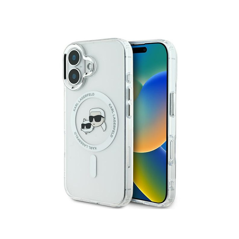 „Karl Lagerfeld IML Metal Karl&Choupette Head MagSafe“ dėklas, skirtas „iPhone 16“ – baltas