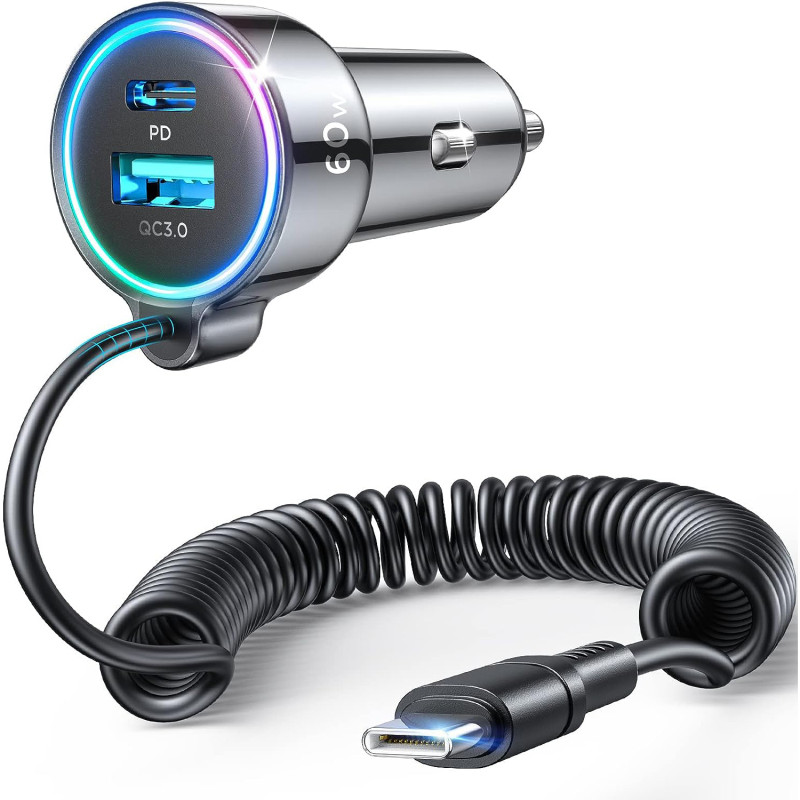 Joyroom 3 viename greitas automobilinis įkroviklis su C tipo USB laidu 1,6 m 60 W juodas (JR-CL07)