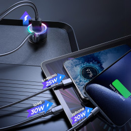 Joyroom 3 viename greitas automobilinis įkroviklis su C tipo USB laidu 1,6 m 60 W juodas (JR-CL07)