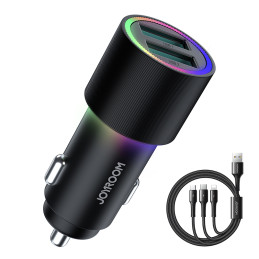 Joyroom automobilinis įkroviklis 2 x USB su apšvietimu 24W + maitinimo laidas 3in1 USB Type C / micro USB / Lightning 1,...
