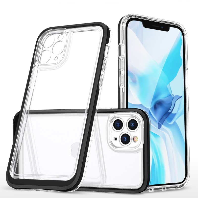 Skaidrus 3in1 dėklas skirtas iPhone 11 Pro Max, gelinis dangtelis su rėmeliu, juodas