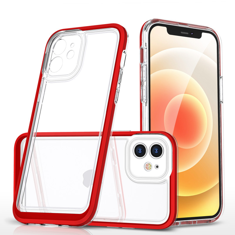 Skaidrus 3in1 dėklas skirtas iPhone 12, gelinis dangtelis su raudonu rėmeliu