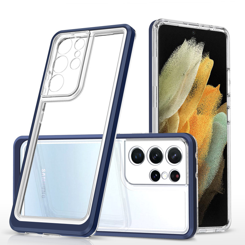 Skaidrus 3in1 dėklas, skirtas Samsung Galaxy S21 Ultra 5G gelio dangtelis su mėlynu rėmeliu